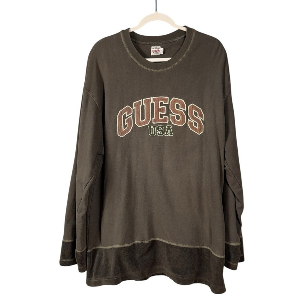 Vintage 90s Guess Mens Spell Out Sweatshirt Large Embroidered Logo Y2K Grunge